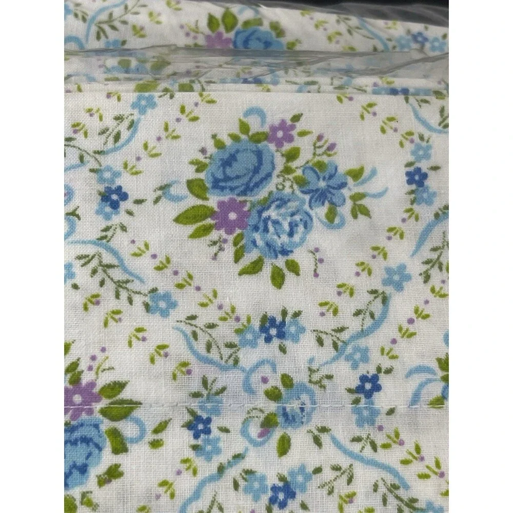 VTG Sears Perma Prest Muslin Antique Flowers Blue Floral Sheet Set Full NOS